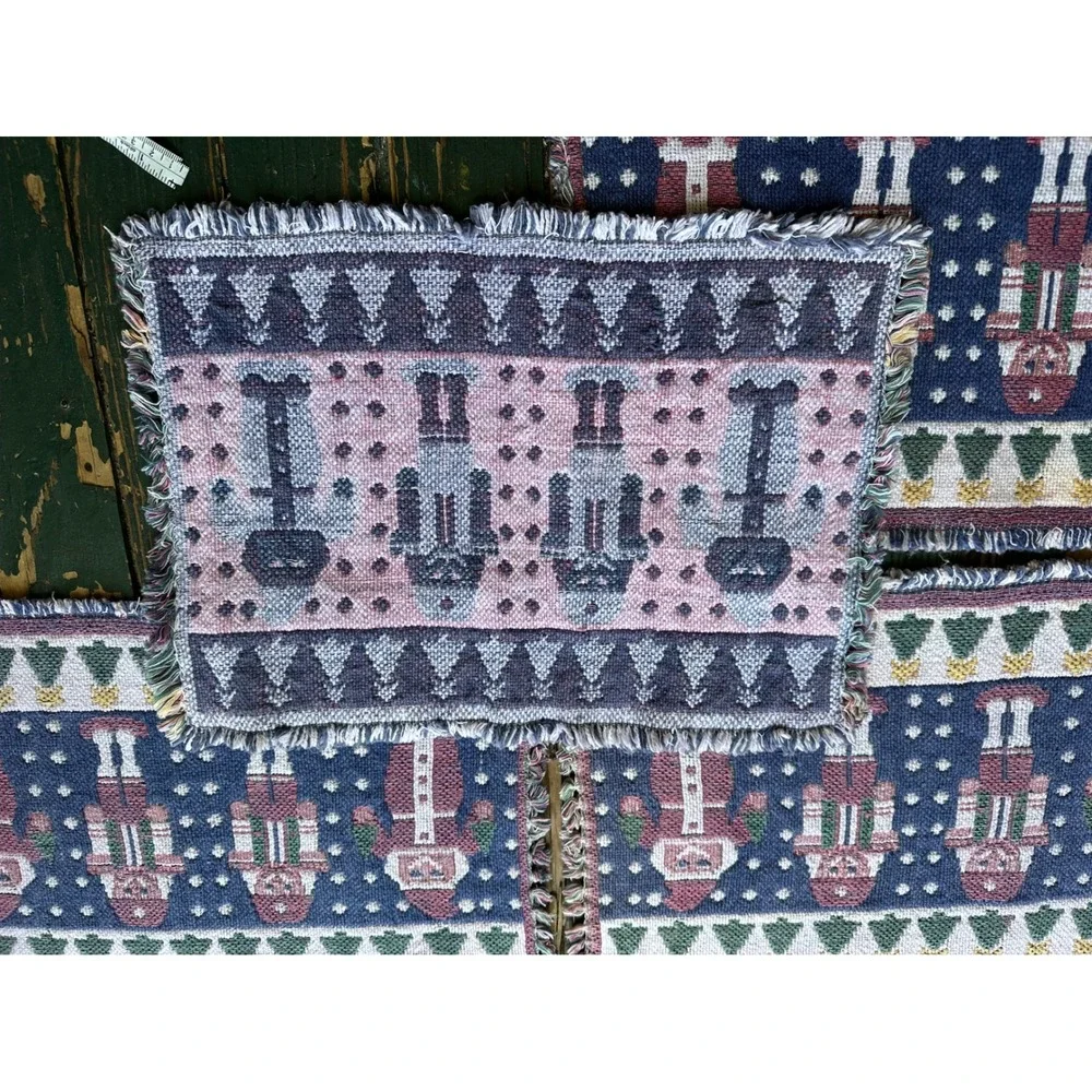 Vintage Nutcracker Christmas Woven Tapestry Placemats Set of 6 Fringed Navy Red